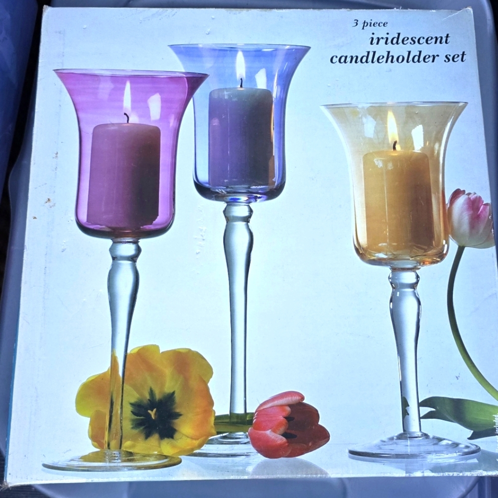 Vintage 3-PC. Tall Glass Iridescent Candleholder 12 in